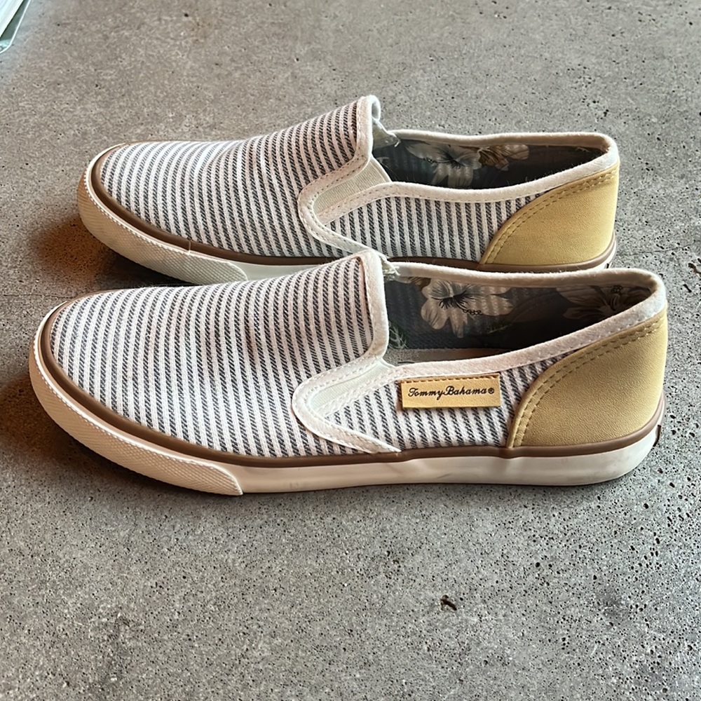Tommy Bahama blue-grey and white stripped, tan insertion
